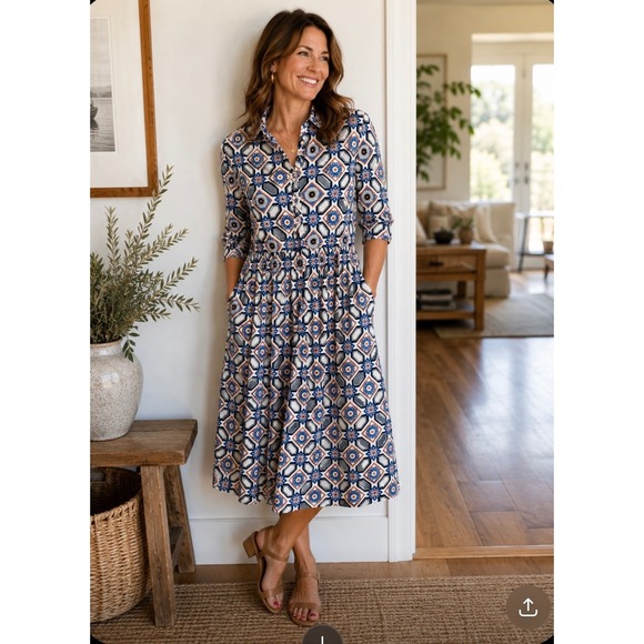 Grace + Karma Dresses & Skirts - Grace + Karma Womens Blue Geometric Floral Tiered‎ Midi Button Down Dress Small